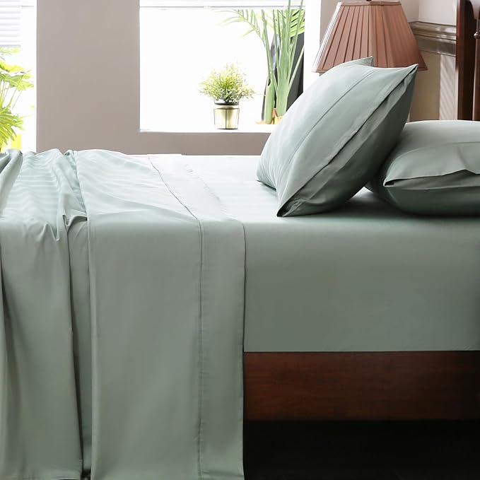 Extra Deep Pocket Queen Sheets 18-24 Inch 100% Egyptian Cotton 1000 Thread Count Sateen Weave Soft Breathable 4 Pieces（Queen,Sage Green）