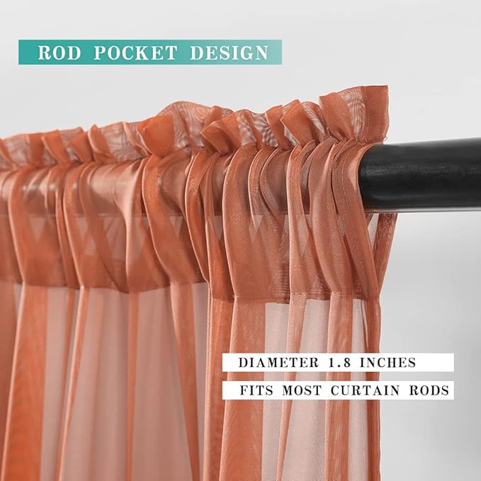 MIULEE Short Sheer Curtains 30 Inch Length for Kitchen Bathroom Cafe Half Window Treatment, Terracotta Rod Pocket Tier Fall Curtains 2 Panels 29x30 Inches Long, Burnt Orange