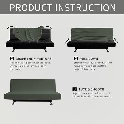 Easy-Going Stretch Futon Slipcover Armless Futon Bed Cover Furniture Protector Without Armrests with Elastic Bottom for Kids, Soft Jacquard Fabric Small Checks (Medium, Olive Green)