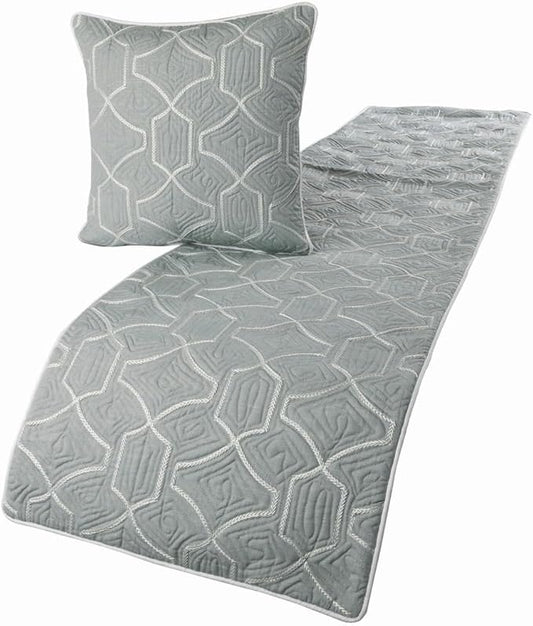 The HomeCentric King Queen Twin Grey Blue Bed Runner with 2 Decorative Throw Pillow Cover, Full Size 68"x18" Bed Runner with Pillow Cover, Linen Quilted Embroidery, Modern Contemporary - Atmosphere