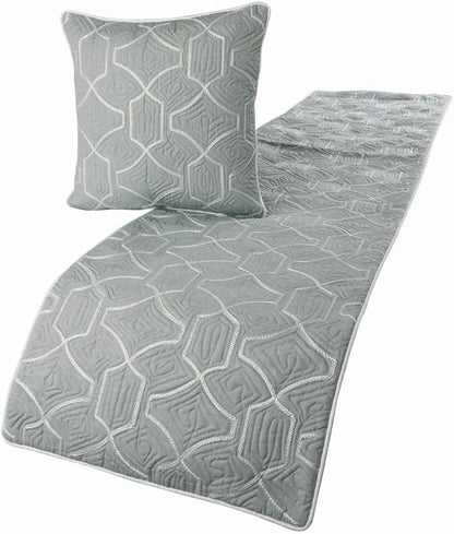 The HomeCentric King Queen Twin Grey Blue Bed Runner with Decorative Throw Pillow Cover, Queen Size 74"x18" Bed Runner with Pillow Cover, Linen Quilted Embroidery, Modern Contemporary - Atmosphere