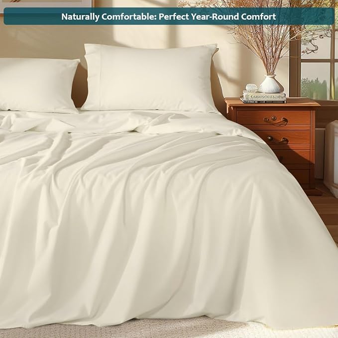 Full Size Bed Sheets Set - Luxury 338 Thread Count 100% Egyptian Cotton Sateen, Cooling Sheets, Deep Pockets with All Around Elastic for a, Hotel Quality Bedding Set (Ivory Solid)