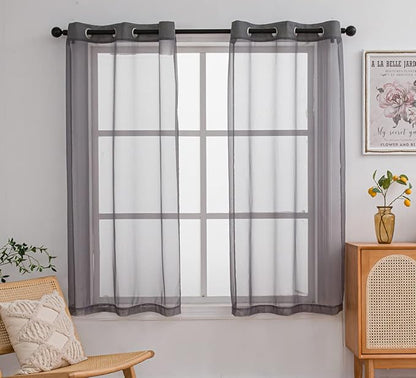 PI Short Sheer Curtains 45 inches Long with Grommet,Casual Voile Sheer Window Treatment for Study/Office 2 Panels (W52 X L45, Dark Grey)