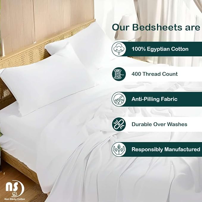 NON Sticky cotton Twin Size Sleeper Sofa Sheets, 4 Piece Egyptian Cotton Bed Sheet Set for Sofa Bed, 7" Deep Pocket for Pull Out Couch Mattress, 39" x 75", White Solid, Soft & Breathable