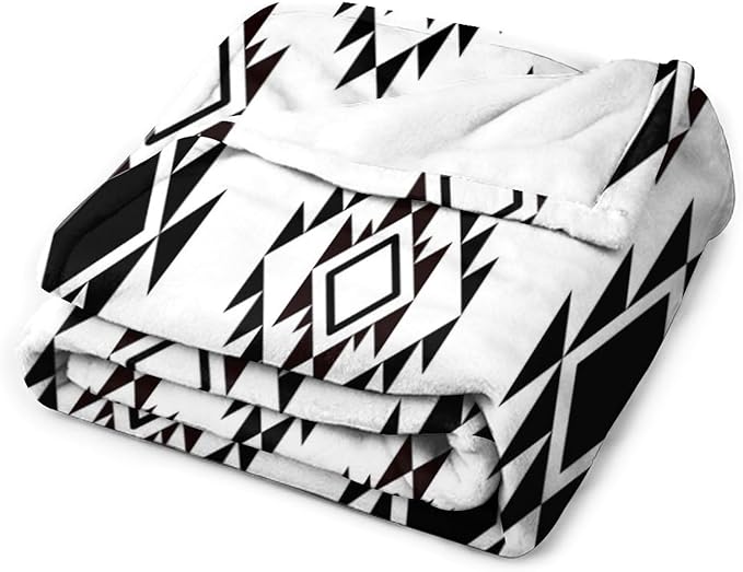 Boho Throw Blanket, Black and White Native Blankets, Vintage Tribal Aztec Printed Flannel Blanket for Chair Bed Sofa Couch 40"x50"