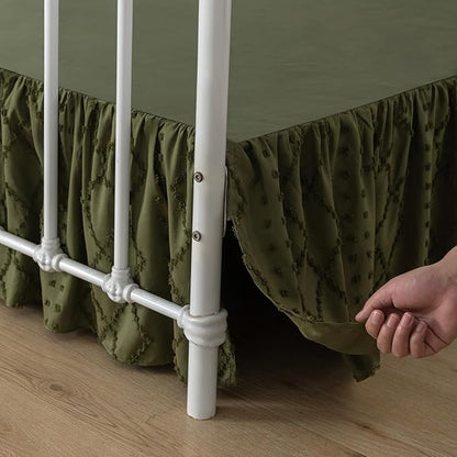 Bed Skirt King Size Ruffled Bed Skirt with Split Corners, 18 Inch Drop Dust Ruffle Bed Skirts with Platform, Boho Tufted Shabby Chic King Size Bed Skirts, Olive Green