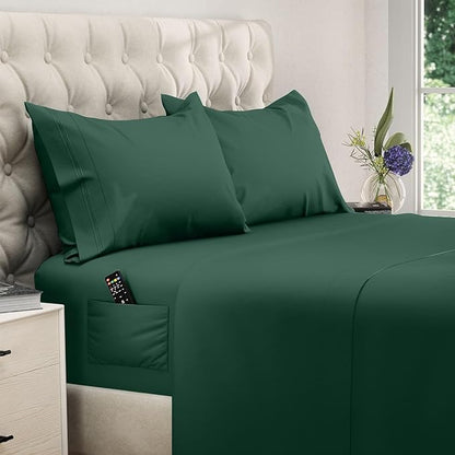 DREAMCARE Queen Sheet Set – 4 pcs Cooling Sheets – up to 21” Extra Deep Pocket Queen Sheets – Hotel Luxury Pillowcases – Superior Softness 100% Microfiber with Side Pocket - Emerald Green
