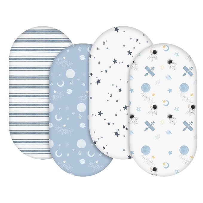 Gllquen Baby Bassinet Sheets 4 Pack, Breathable Cozy Fitted Mattress Sheet, Elastic Travel Crib Fashionable Pattern, Standard Cradle Safe Sheets for Baby Boys Girls 32"x16"(Astronaut)