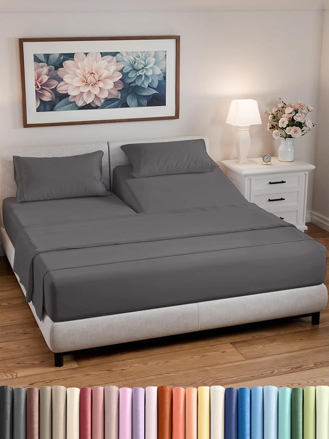 Split California King Bed Sheet Set - 5 Piece Split California King Size Sheets – Ultra-Soft & Wrinkle Free - Fits 8” to 16" Mattress w/ Deep Pockets - Breathable & Cooling Luxury Bedding – Dark Grey
