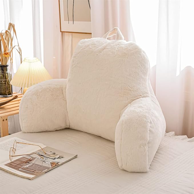 NTBED Reading Pillow Faux Fur Bed Wedge Backrest with Arms,Couch TV Relax Bed Rest Pillow Back Support Cushion for Kids Teens Boys Girls(Ivory)