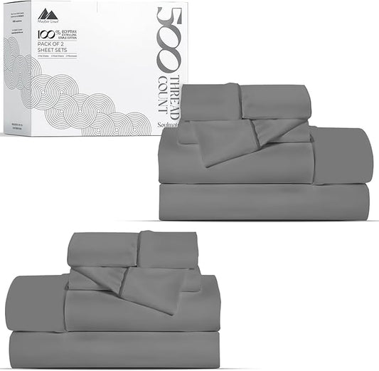 Mayfair Linen 100% Egyptian Cotton 2 Pack Queen Sheet Set - Luxury 500 Thread Count Cotton Sheets Queen Size (8 PC, Dark Grey), Soft, Cooling, Sateen Weave, 16" Deep Pocket Hotel Quality Bed Sheet Set