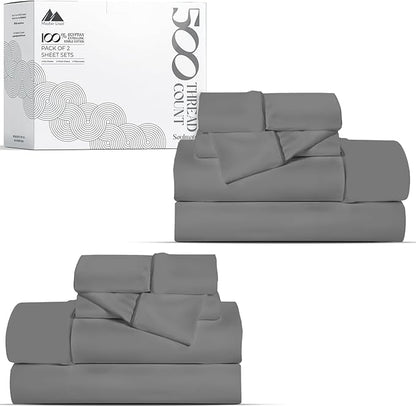 Mayfair Linen 100% Egyptian Cotton 2 Pack Twin XL Sheet Set - 500 Thread Count Cotton Sheets Twin XL Size (6 PC, Dark Grey), Soft, Cooling, Sateen Weave, 16" Deep Pocket College Dorm Room Bed Sheet