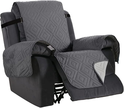 H.VERSAILTEX Reversible Quilted Recliner Covers Water Resistant Furniture Protector for Reclienr Chair with Elastic Straps for Pets Kids Sitting Width Up to 28"(Oversized Recliner, Gray/Beige)