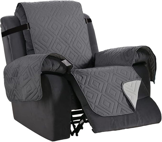 H.VERSAILTEX Reversible Quilted Recliner Covers Water Resistant Furniture Protector for Reclienr Chair with Elastic Straps for Pets Kids Sitting Width Up to 28"(Oversized Recliner, Gray/Beige)