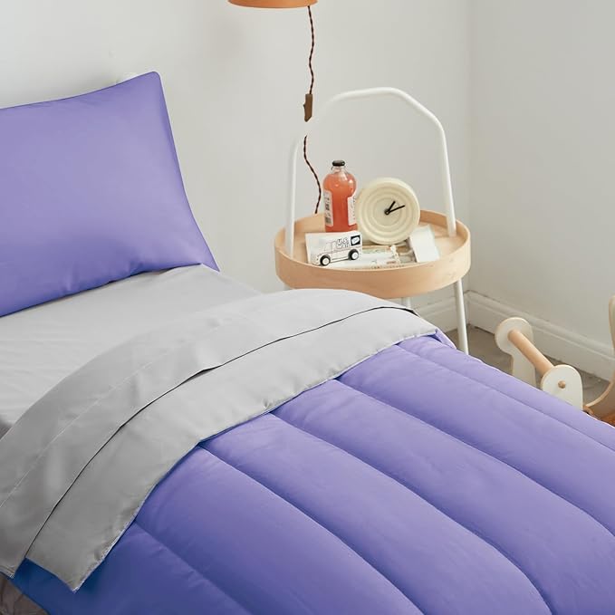 UOZZI BEDDING 4 Pieces Toddler Bedding Set Ultra Soft and Breathable Toddler Sheet Set - Includes Comforter, Flat Sheet, Fitted Sheet and Pillowcase - Purple & Gray
