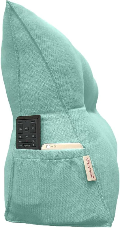 Triangular Reading Bed Rest Pillow Large Bolster Cushion Headboard Backrest Wedge Pillow with Removable Cover and Two Large Side Pockets (Turquoise, Queen: 59 x 8 x 20 inches)