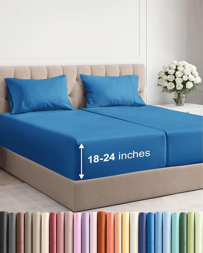 Extra Deep Pocket Split King Sheets - 5 Piece Breathable & Cooling Bed Sheets - Hotel Luxury Bed Sheet Set - Soft, Wrinkle Free & Comfy - Easily Fits Extra Deep Mattresses - Denim Blue Sheets Set