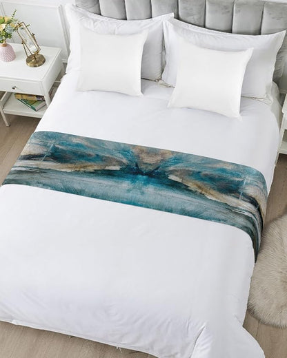 Abstract Mottled Turquoise Green Gray Art Bed Runners for Bedroom Hotel,Decorative Bedding Scarf Retro Painting Bed End Blanket Bedding Runner Scarves for King Size Bed,102x20in