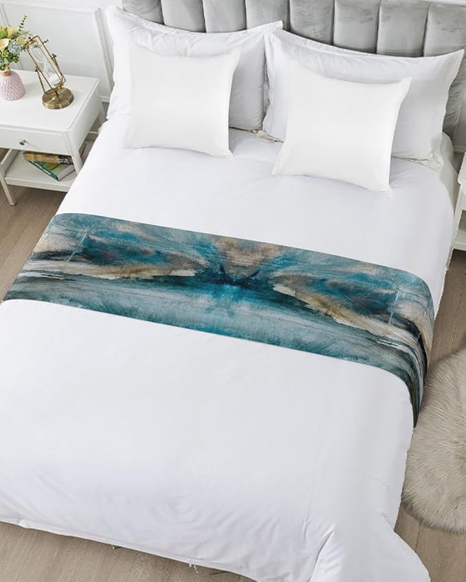 Abstract Mottled Turquoise Green Gray Art Bed Runners for Bedroom Hotel,Decorative Bedding Scarf Retro Painting Bed End Blanket Bedding Runner Scarves for Twin Size Bed,71x20in