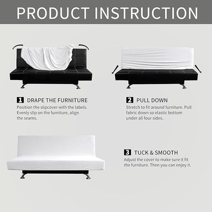 Easy-Going Stretch Futon Slipcover Armless Futon Bed Cover Furniture Protector Without Armrests with Elastic Bottom for Kids, Soft Jacquard Fabric Small Checks (Medium, Snow White)