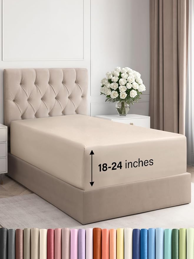 Extra Deep Twin Fitted Sheet - Hotel Luxury Single Fitted Sheet Only - Easily Fits 18 inch to 24 inch Mattress - Ultra Soft, Wrinkle Free w/Extra Deep Pockets - Easy-Care, Breathable & Comfy - Wheat
