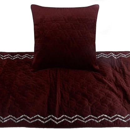The HomeCentric King Queen Twin Deep Wine Luxury Queen 74"x18" Bed Runner with Pillow Cover, Quilted & Crystals Bed Scarf on Velvet Fabric - Diamond Symphony