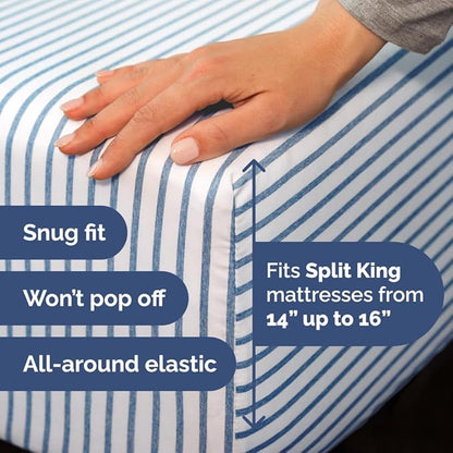 Split Head King Sheet Set – 4 Piece Flex Split Top King Sheets for Adjustable Beds - Fits 14” to 16" Mattress w/ Deep Pockets - Breathable & Cooling - Luxury Bedding and Wrinkle Free - Blue Stripes 3