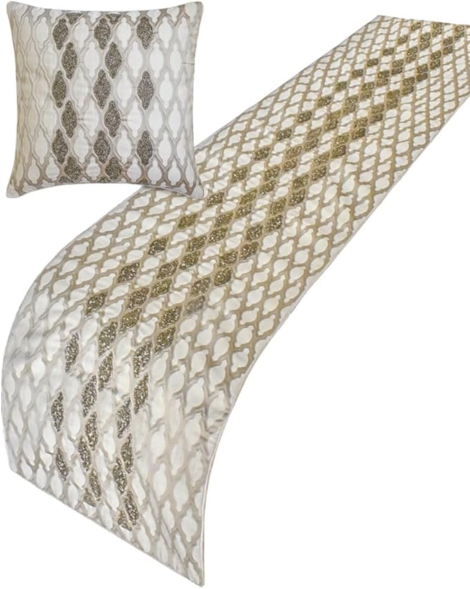 The HomeCentric King/Queen/Twin Ivory Luxury CA King 86"x18" Bed Runner Without Pillow Cover, Bead Hand Embroidery Bed Scarf on Jacquard Fabric - Priscilla Dazzle