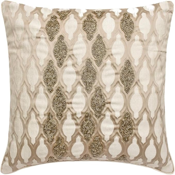 The HomeCentric King/Queen/Twin Ivory Decorative Queen 74"x18" Bed Runner with Two Pillow Cover, Bead Hand Embroidery Bed Scarf on Jacquard Fabric - Priscilla Dazzle