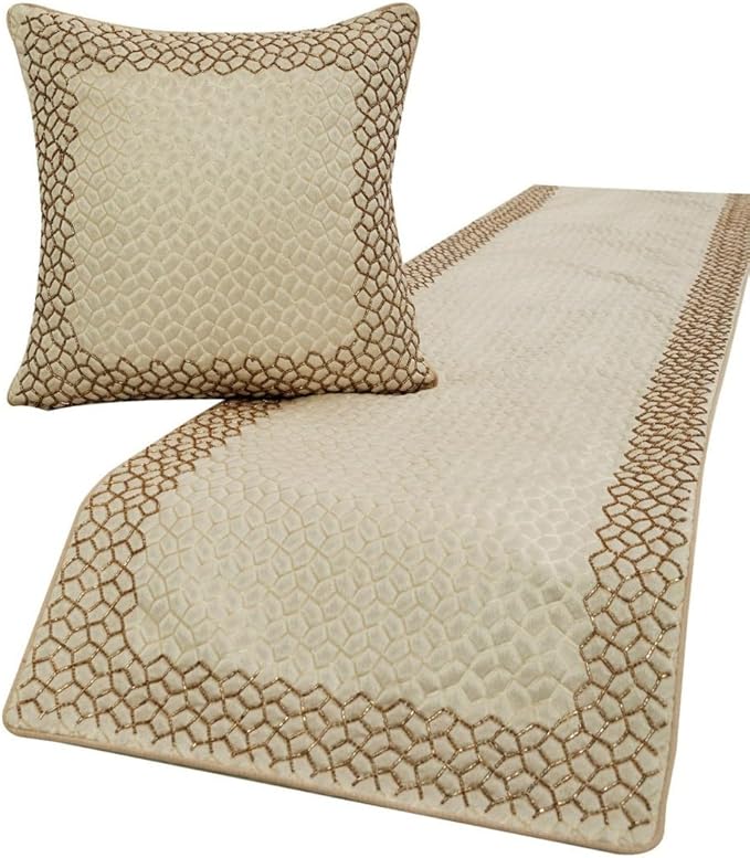 The HomeCentric King/Queen/Twin Ivory & Gold Designer Queen 74"x18" Bed Runner with 2 Pillow Cover, Mosaic & Beaded Bed Scarf on Jacquard Fabric - Tessellation