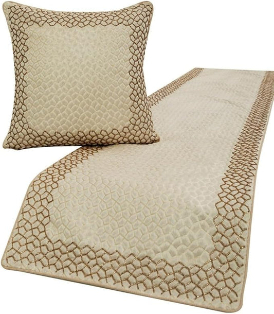 The HomeCentric King/Queen/Twin Ivory & Gold Designer Queen 74"x18" Bed Runner with 2 Pillow Cover, Mosaic & Beaded Bed Scarf on Jacquard Fabric - Tessellation