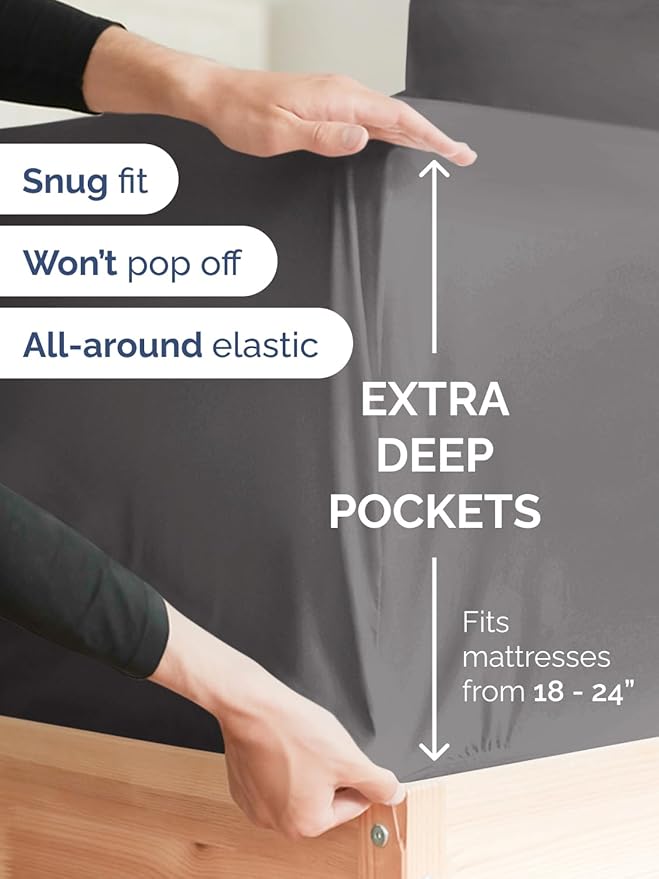 Extra Deep Twin XL Fitted Sheet - Hotel Luxury Single Fitted Sheet Only - Easily Fits 18 inch to 24 inch Mattress - Ultra Soft, Wrinkle Free with Extra Deep Pockets - Breathable & Comfy - Dark Grey