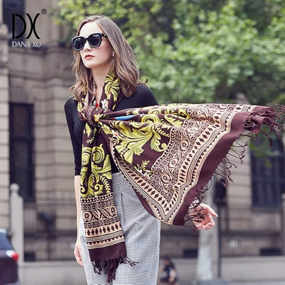 DANA XU 100% Merino Wool Pashmina Shawl for Women 96"x43", Oversized Cashmere Wrap with Tassels, Floral Travel Blanket Cape