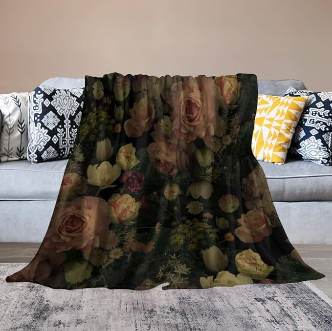 Black Floral Blanket, Rustic Watercolor Botanical Rose Peony Vintage Leaves Plant Boho Gothic Print Throw Blankets for Bed Living Room Bedding Couch Soft Decor, 40"x50"