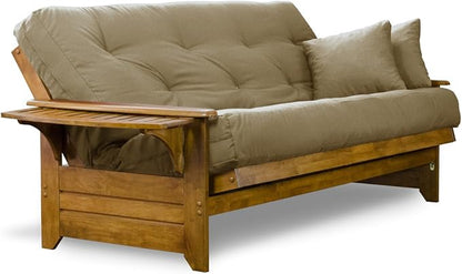 Nirvana Futons Brentwood Tray Arm Futon Sofabed Set - Full Frame, 8" Thick Khaki Mattress, Rich Heritage Finish