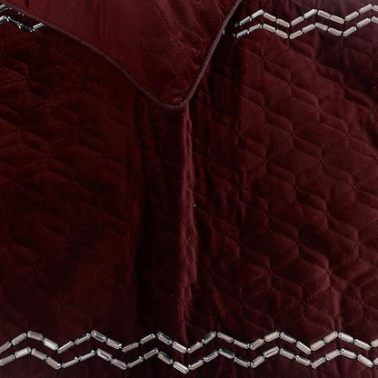 The HomeCentric King Queen Twin Deep Wine Decorative Twin 53"x18" Bed Runner with 2 Pillow Cover, Quilted & Crystals Bed Scarf on Velvet Fabric - Diamond Symphony