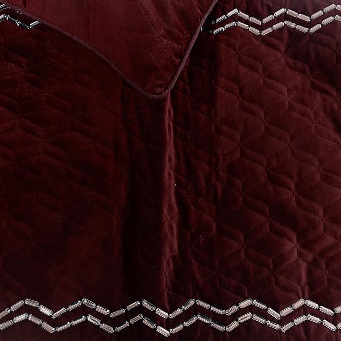 The HomeCentric King Queen Twin Deep Wine Designer CA King 86"x18" Bed Runner with 2 Pillow Cover, Quilted & Crystals Bed Scarf on Velvet Fabric - Diamond Symphony