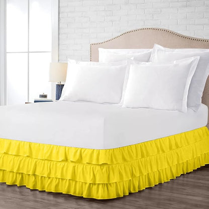 Multi-Ruffle Bed Skirt, Soft Multi Ruffle Bed Skirt Elastic Dust Ruffles with Wrap Around Bed Skirt Easy Fit with 18 Inch Drop 100% Cotton 800 Thread Count Bed Skirt (Queen, Yellow)