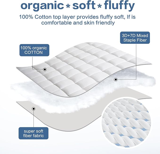 LEISURE TOWN Mattress Pad California King Size Soft Cotton Mattress Cover,Quilted Fitted Mattress Topper with Deep Pocket fits 8-21 inch Mattress,Breathable Fluffy Pillow Top,White