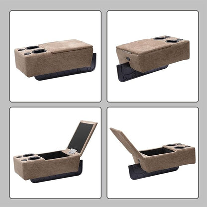 Removable Sofa Armrest with Cup Holder, PU Leather Multifunctional Couch Caddy Storage Arm Rest with Power Wireless Charging Stand & LED Reading Light for Sofa Middle Seat Adjustable