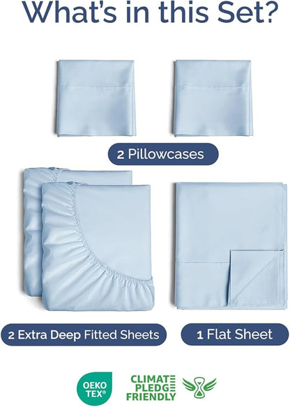 Extra Deep Pocket Split King Sheets - 5 Piece Breathable & Cooling Bed Sheets - Hotel Luxury Sheet Set - Soft, Wrinkle Free & Comfy - Easily Fits Extra Deep Mattresses - Deep Pocket Sky Blue Sheets