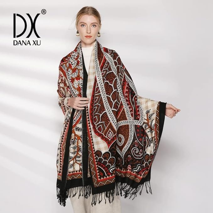 DANA XU 100% Merino Wool Pashmina Shawl for Women 96"x43", Oversized Cashmere Wrap with Tassels, Floral Travel Blanket Cape