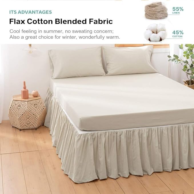BISELINA French Linen Bed Skirt with Pleated Frills 14-Inch Tailored Drop Natural Flax Cotton Blend Dust Ruffle Soft Cozy Farmhouse Bedding (14" Queen, Linen)