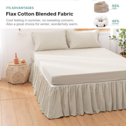 BISELINA French Linen Bed Skirt with Pleated Frills 14-Inch Tailored Drop Natural Flax Cotton Blend Dust Ruffle Soft Cozy Farmhouse Bedding (14" Queen, Linen)