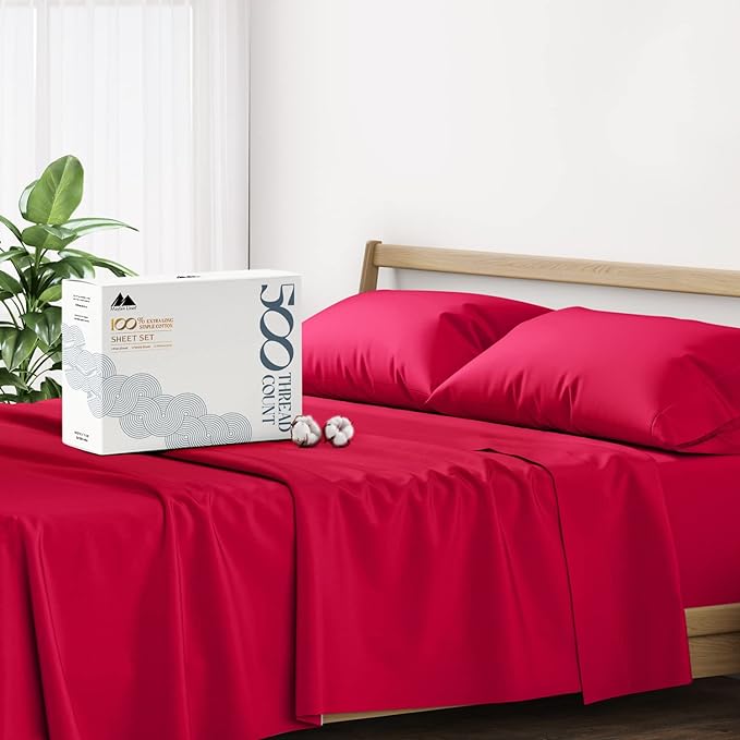 Mayfair Linen 500 Thread Count Full Cotton Sheets - 4 PC Full Size Bed Sheet Set Cotton (Red), Soft, Cooling, Sateen Hotel-Quality 16" Deep Pocket Bedsheet for Hot Sleepers (Fits 18" Mattress)