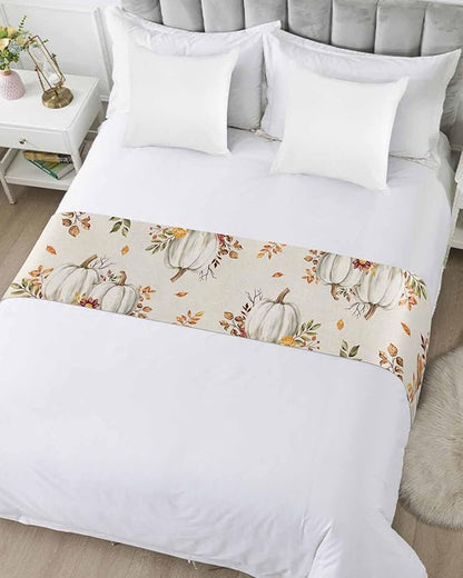 Thanksgiving Pumpkin Fall Maple Leaf Watercolor Bed Runners for Bedroom Hotel,Decorative Bedding Scarf Retro Linen Bed End Blanket Bedding Runner Scarves for Twin Size Beds,71x20in