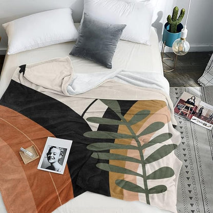 Boho Mid Century Blankets Black Geometric Throws Beige Abstract Modern Throw Blanket Minimalist Sun Soft Warm Bed Bedding Blankets for Couch Bedroom Sofa Office Cozy Flannel Blanket 60"X80"