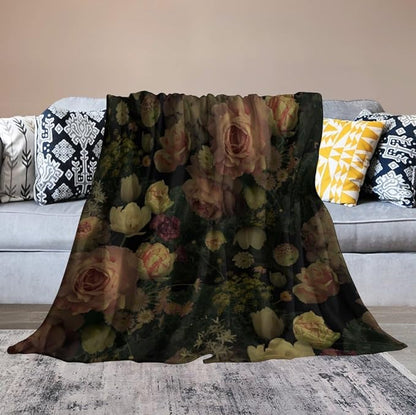 Black Floral Blanket, Rustic Watercolor Botanical Rose Peony Vintage Leaves Plant Boho Gothic Print Throw Blankets for Bed Living Room Bedding Couch Soft Decor, 60"x80"