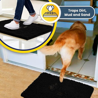 Muddy Mat® AS-SEEN-ON-TV Highly Absorbent Microfiber Door Mat and Pet Rug, Non Slip Thick Washable Area and Bath Mat Soft Chenille for Kitchen Bathroom Bedroom Indoor and Outdoor - Black Large 35"X24"