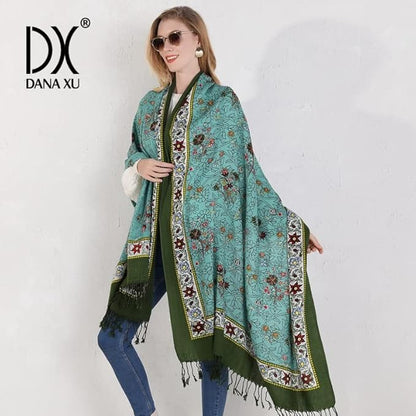 DANA XU 100% Merino Wool Pashmina Shawl for Women 96"x43", Oversized Cashmere Wrap with Tassels, Floral Travel Blanket Cape